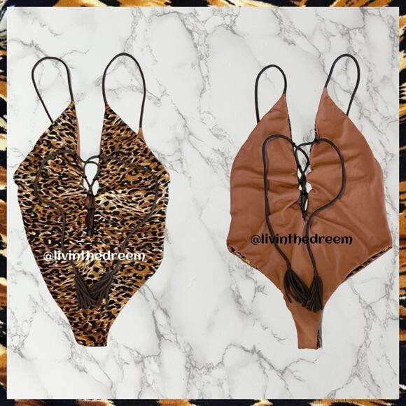 M18 INDAH Reversible Lace Up Leopard Print/Solid One Piece SZ L $198 - Picture 11 of 13